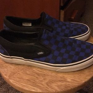 Blue and black checkered vans slip on shoes